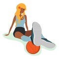 Beautiful girl blonde sits resting after playing sports and playing basketball ball Royalty Free Stock Photo